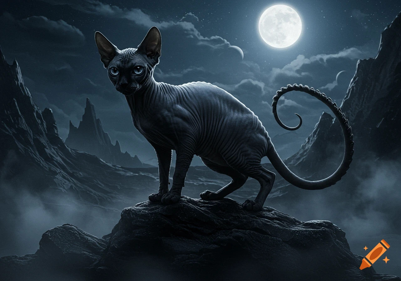 A black Sphynx cat with a xenomorph-like tail stands on a jagged rock under a full moon, amidst dark, alien mountains.