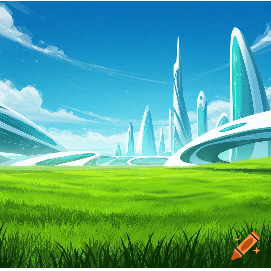 A futuristic cityscape with sleek white and teal buildings towering over a lush green field under a bright blue sky.