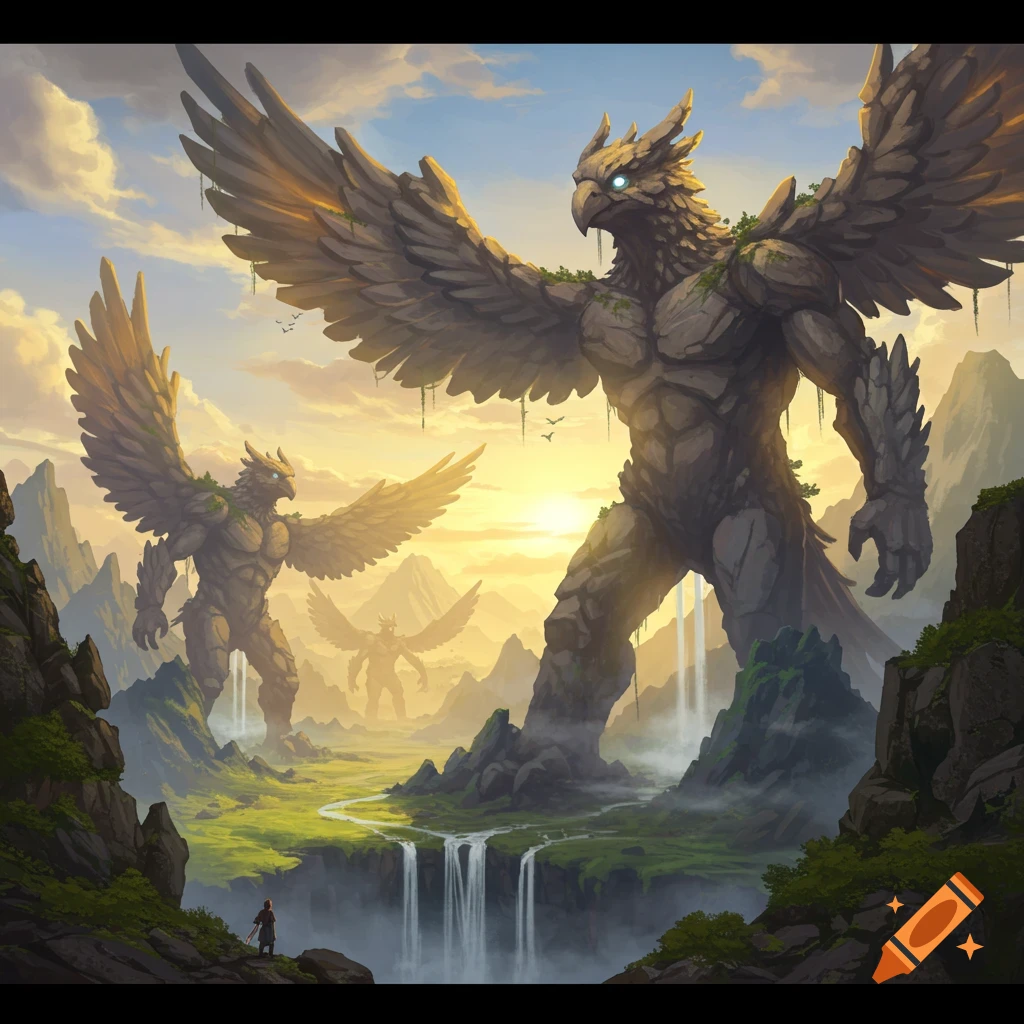 Epic fantasy art of giant rock griffins towering over a misty mountain landscape with waterfalls and a small figure at sunset.