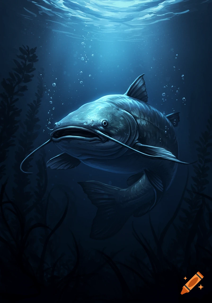 An intimidating catfish with long whiskers swims in dark blue water, with light filtering from the surface.