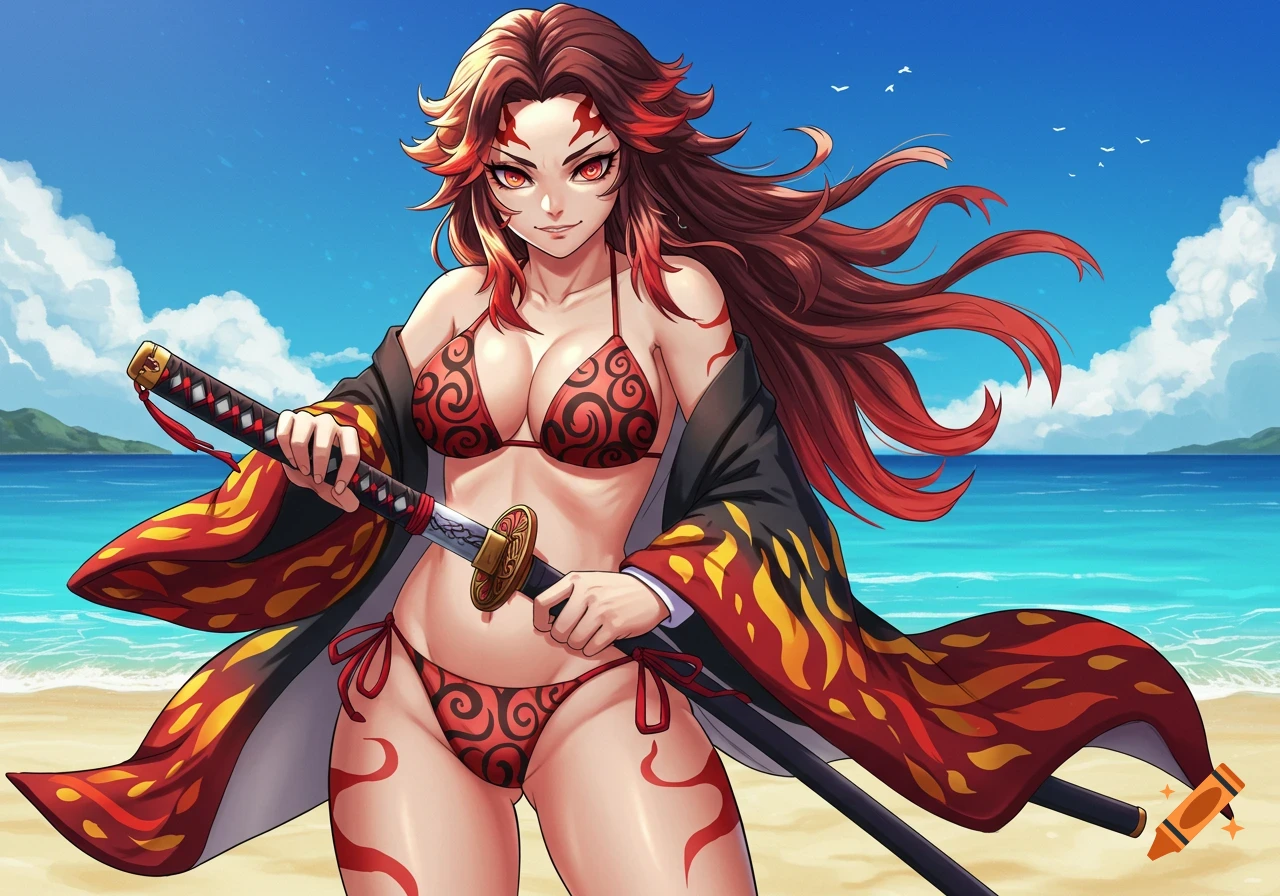 Anime girl with red hair and eyes, in a red bikini and robe, holding a katana on a sunny beach.