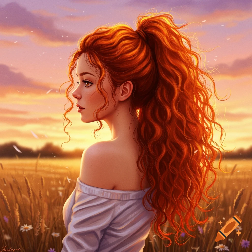 A profile portrait of a woman with long, curly red hair tied in a high ponytail, looking over her shoulder in a golden field at sunset. Artistic illustration.