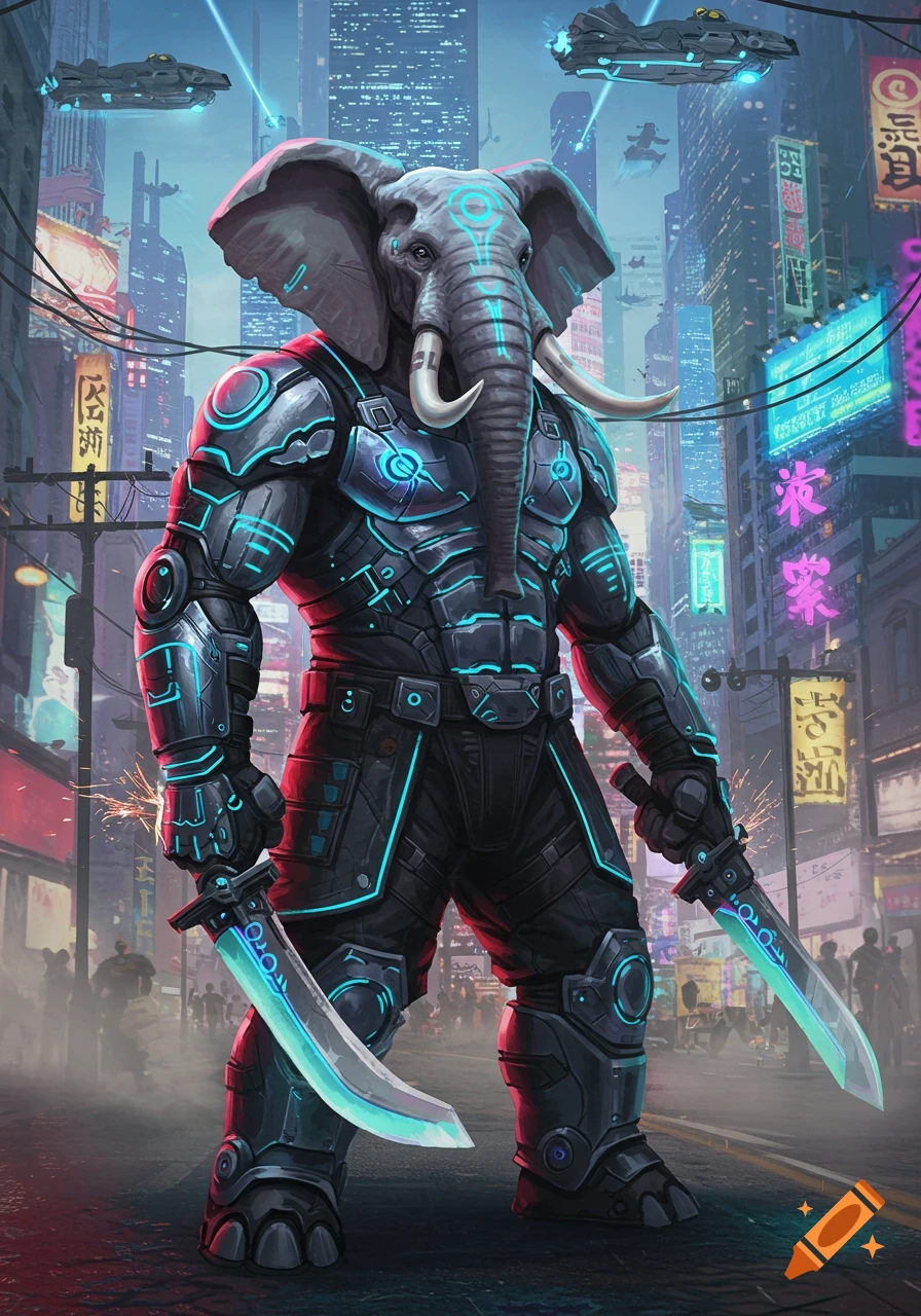 An anthropomorphic elephant brawler in futuristic armor, wielding two glowing swords, stands in a neon-lit cyberpunk city street with flying vehicles.