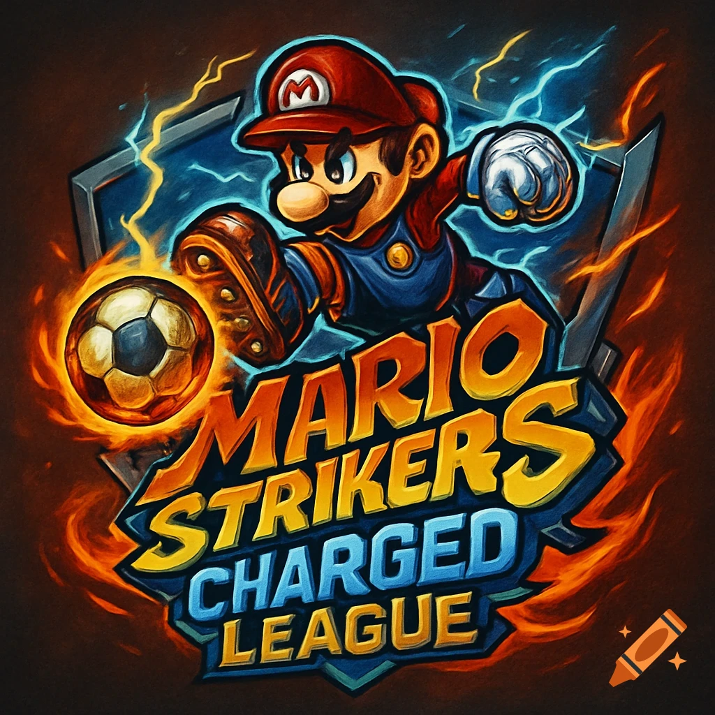 A stylized logo featuring Mario in a red hat and blue uniform, kicking a fiery soccer ball. The text "MARIO STRIKERS CHARGED LEAGUE" is prominently displayed.