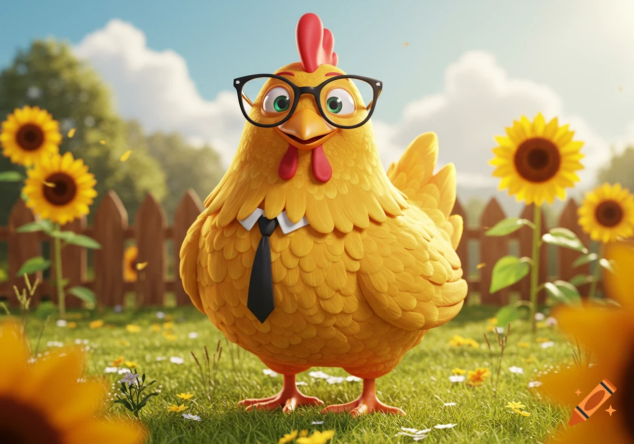 A cute, yellow cartoon chicken wearing black glasses and a tie stands in a sunny field of green grass and sunflowers, looking forward.