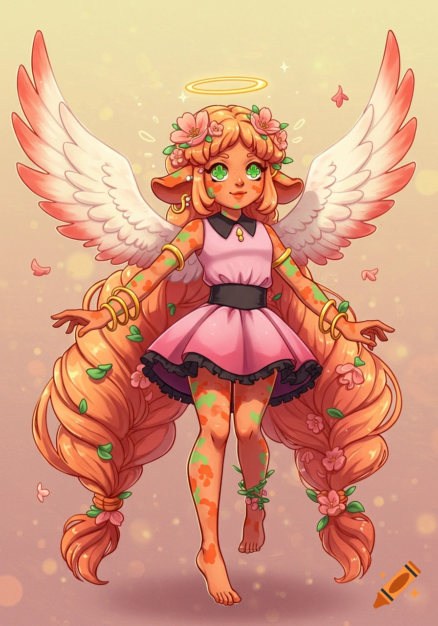 A cute, colorful cartoon character resembling an angel with peach skin, green splotches, long braided hair with flowers, wings, a halo, and green clover eyes, wearing a pink dress.