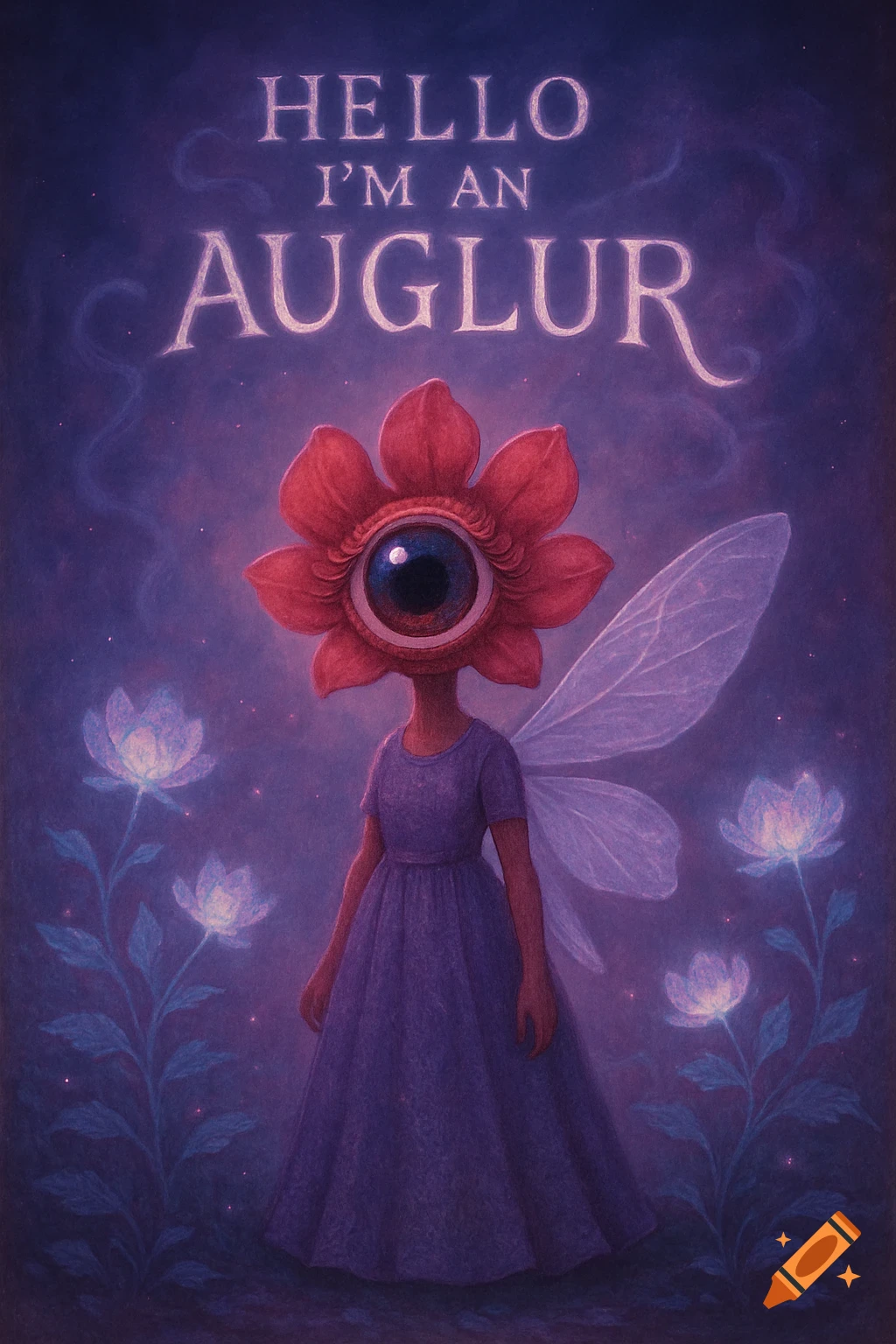 A whimsical fairy-like figure with a red flower and eye for a head, purple dress, and wings stands in a glowing purple landscape. Text: "HELLO I'M AN AUGLUR".