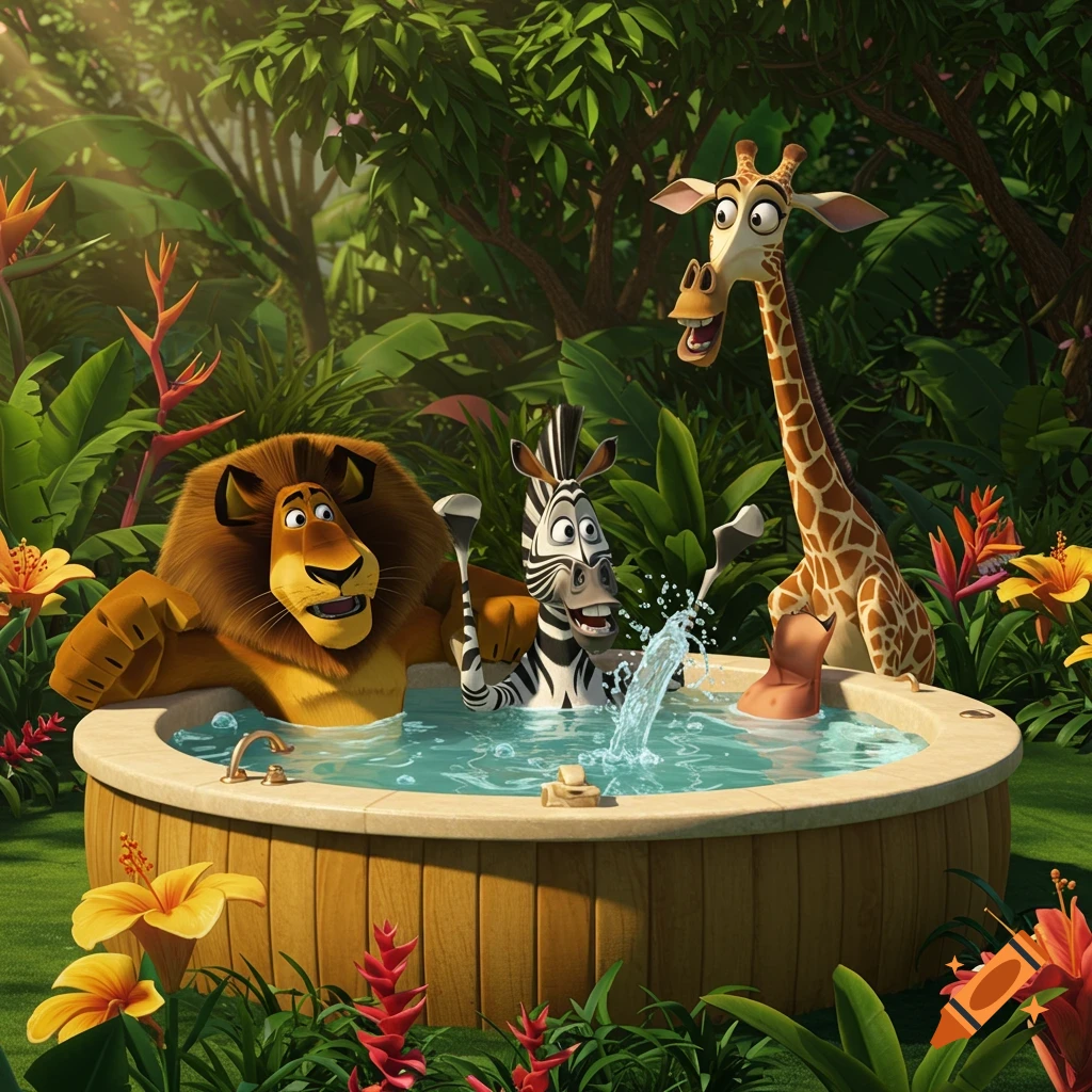 Animated Madagascar characters Alex, Marty, and Gloria in a jacuzzi, with Melman looking on, surrounded by tropical plants.