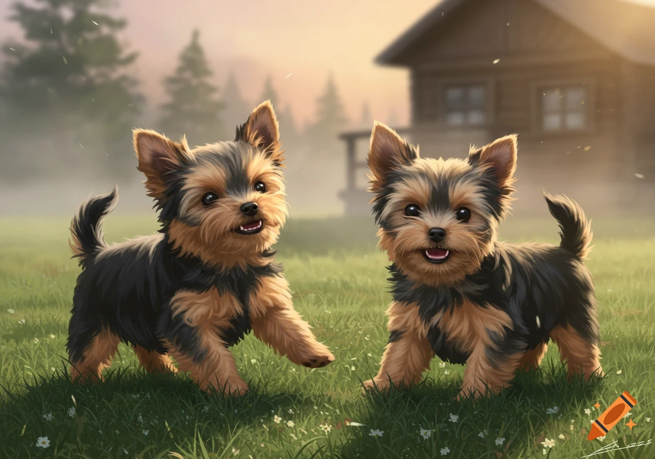 Two cute Yorkshire Terrier puppies stand in a grassy field with a wooden cabin and trees in the misty background at sunset, looking happy.