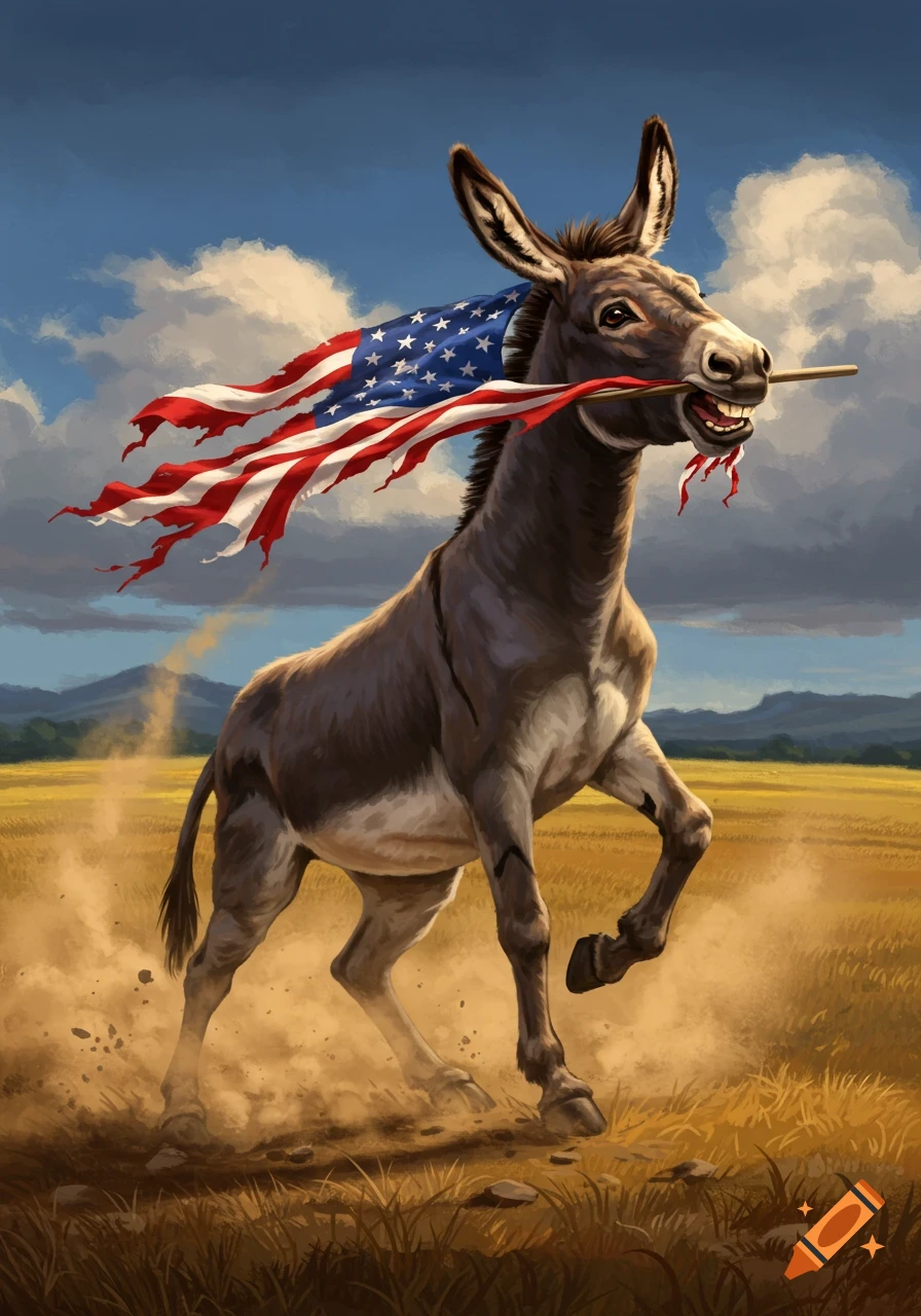 A stylized donkey in a field running, holding a tattered American flag in its mouth, with dust kicking up.