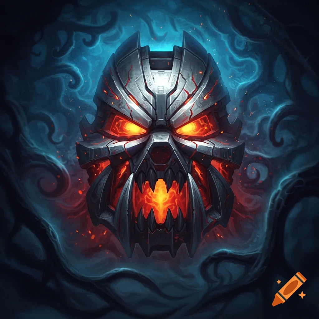 A metallic, skull-like mask with glowing red eyes and mouth, enveloped by dark blue, swirling energy.