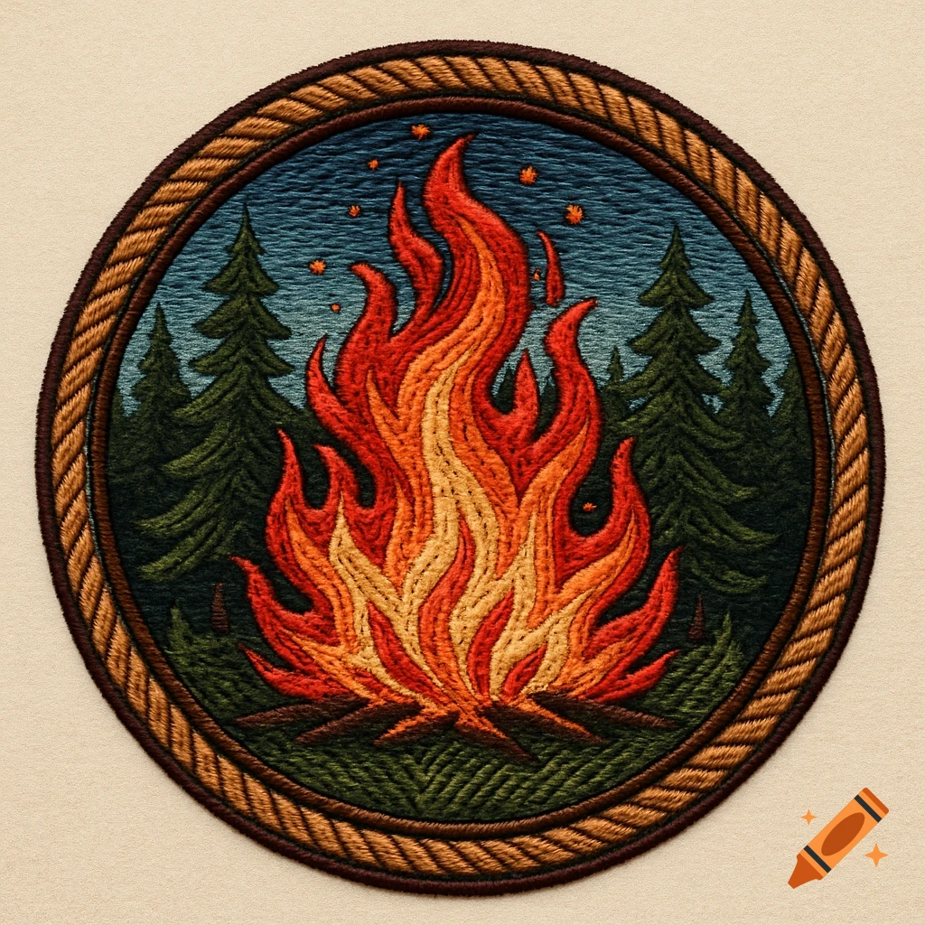 Embroidered circular badge of a stylized campfire with red and orange flames, pine trees, and a rope border.