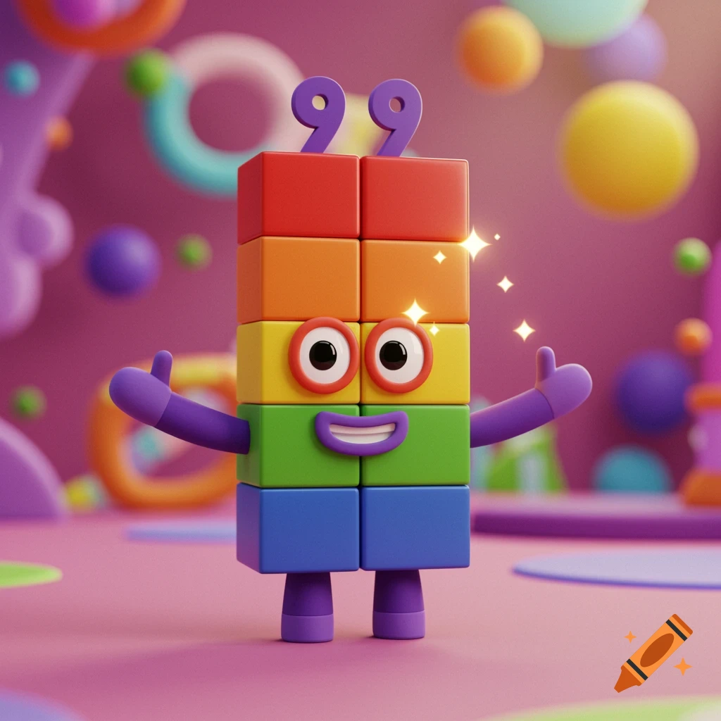 A colorful block character with '99' on its head, big eyes, and a smile, in a 3D cartoon style on a pink background.