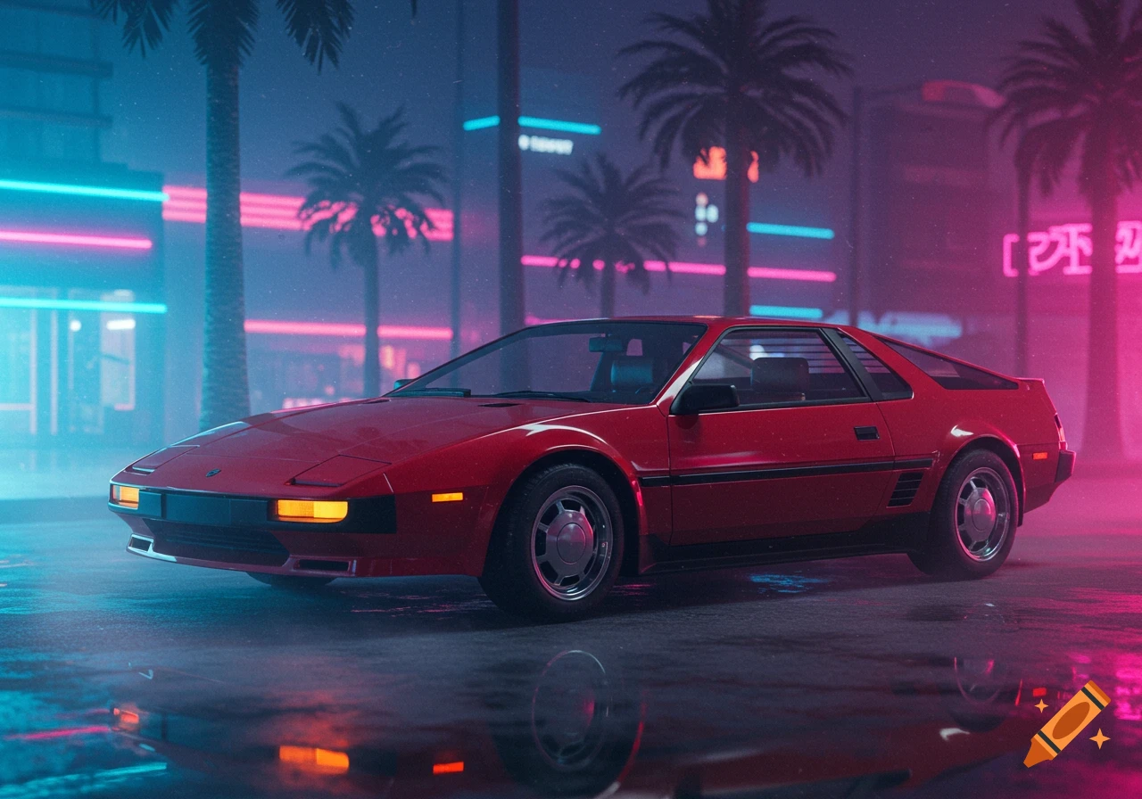 A red 1980s-style sports car parked on a wet street at night, illuminated by blue and pink neon lights reflecting off the ground and palm trees.