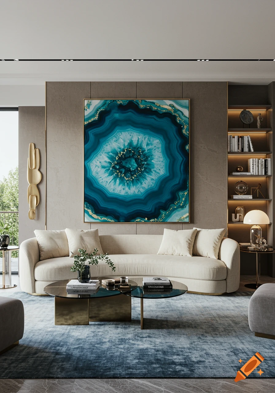 A modern living room with a cream sofa, a glass and brass coffee table, and a large blue agate geode painting above the sofa. A blue rug covers the floor, and a lighted bookshelf is on the right.