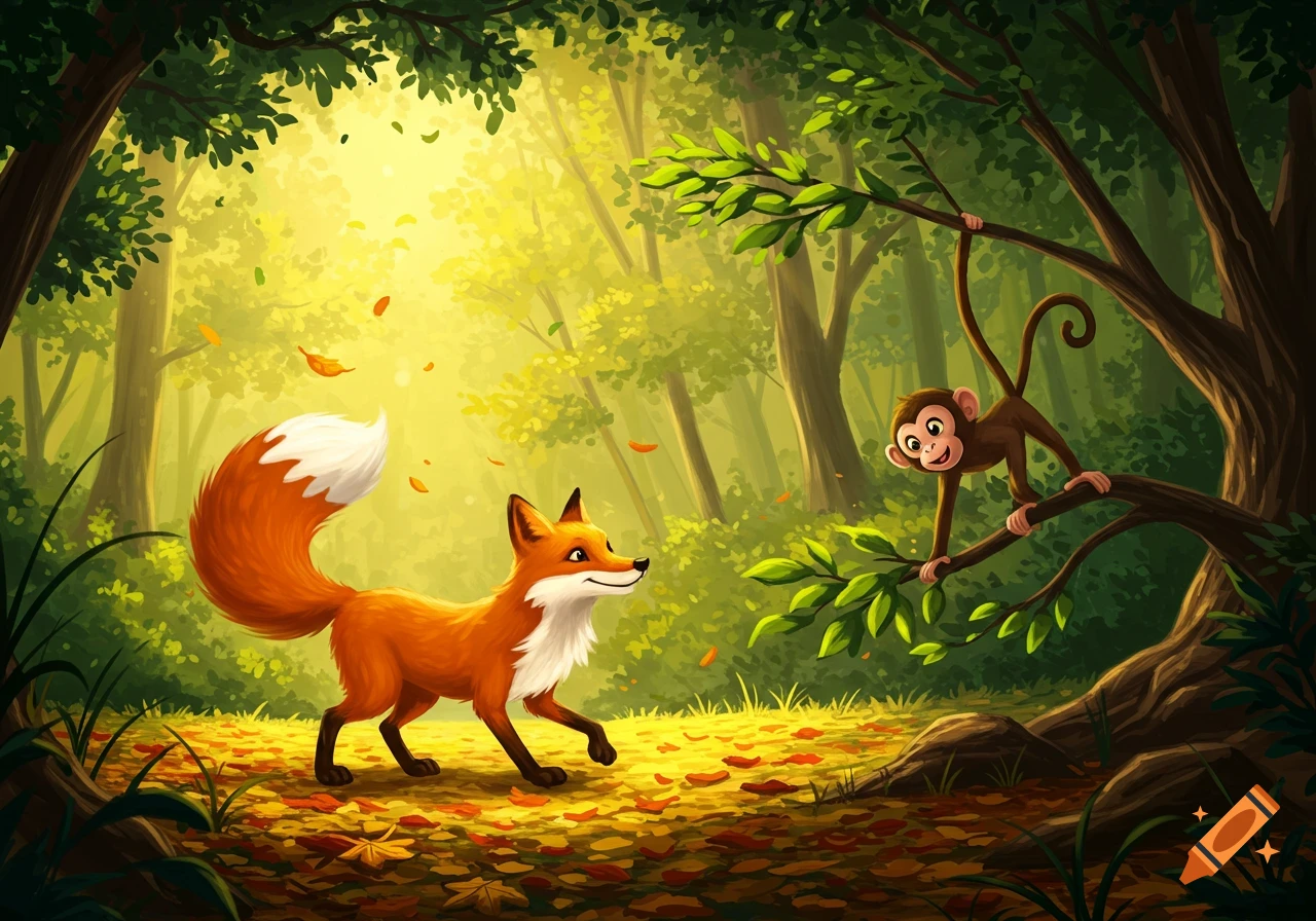 A friendly cartoon fox walks through a sunny autumn forest, looking at a smiling monkey hanging from a tree branch. Illustration.