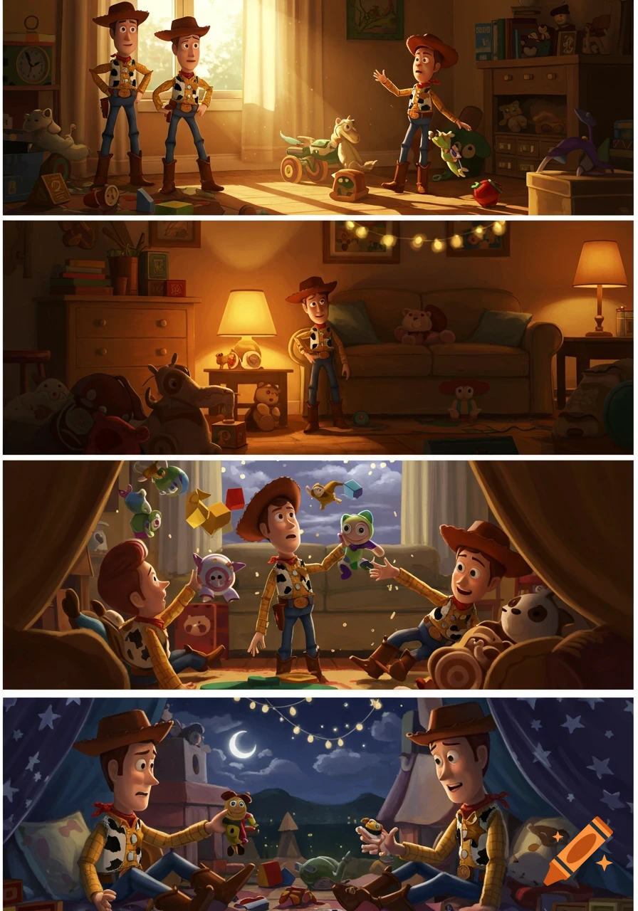 Four panels showing Woody from Toy Story and his brother playing and learning to share toys in various room settings, in a vibrant cartoon style.