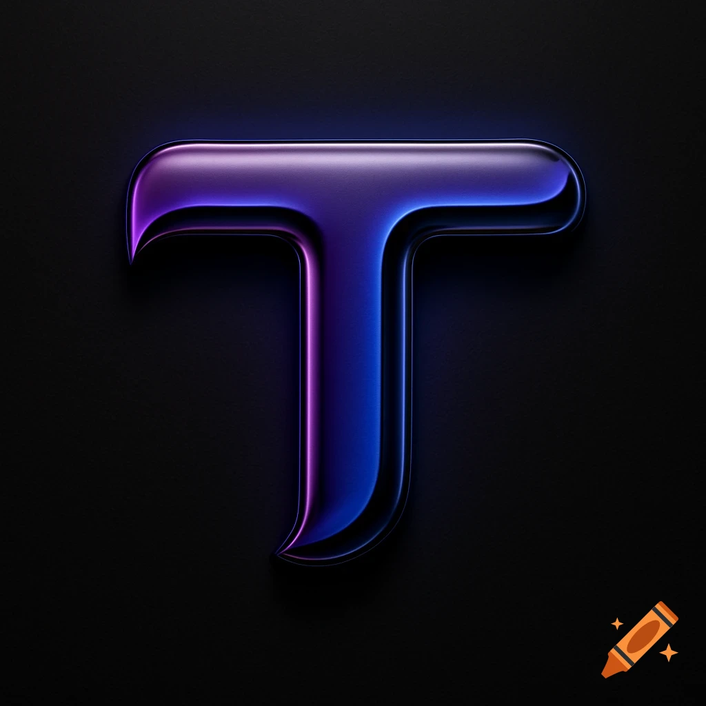 Glowing purple and blue letter T logo on a dark background.