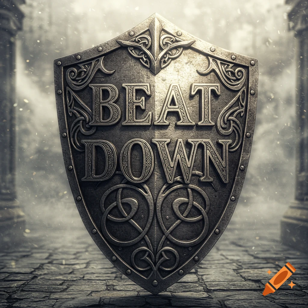 An ornate metal shield with the words 'BEAT DOWN' embossed on it, against a blurred, misty stone background.