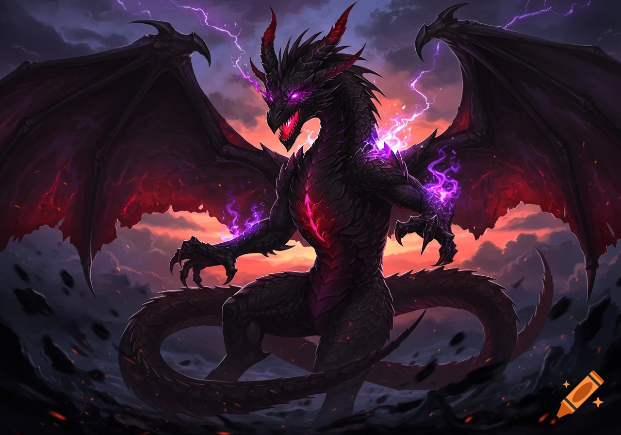 A powerful black dragon with large wings, red horns, and glowing violet eyes, surrounded by purple magic and lightning against a fiery sunset sky.