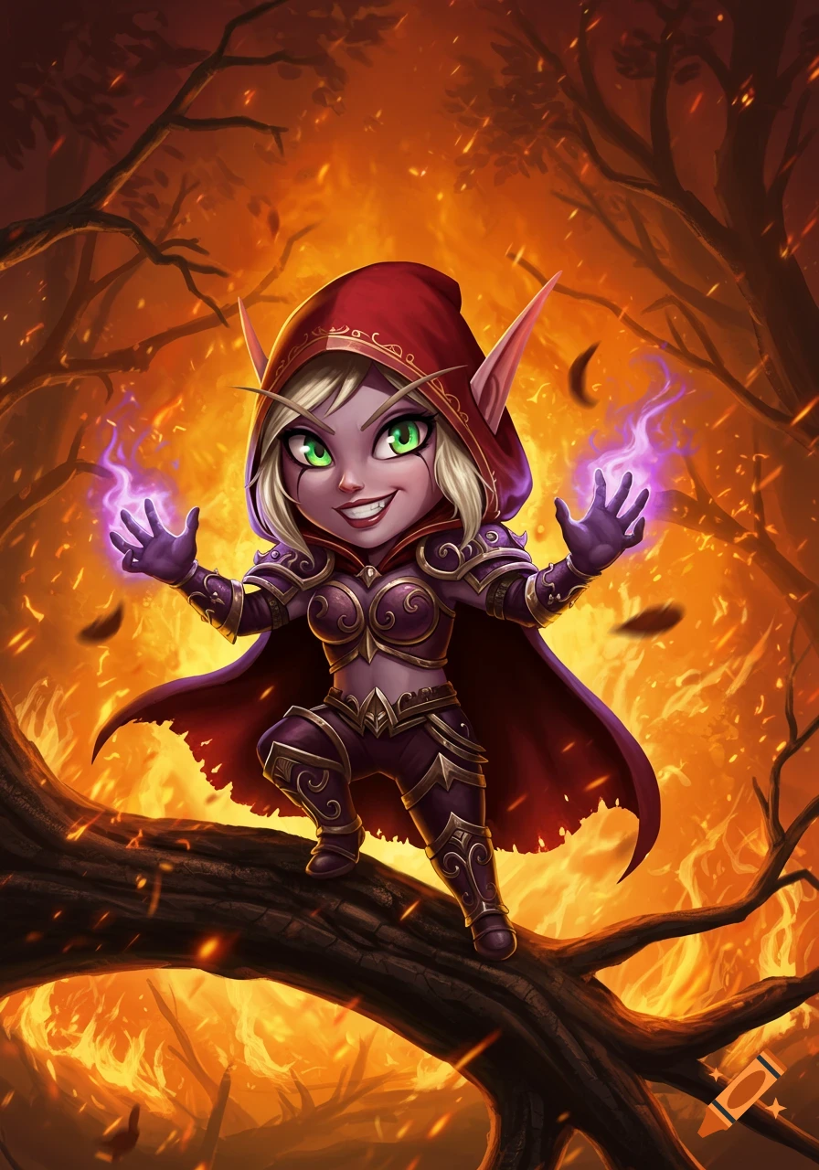A stylized chibi elf with green eyes, a red hood, and purple armor stands on a tree branch, casting purple magic with a burning forest in the background.