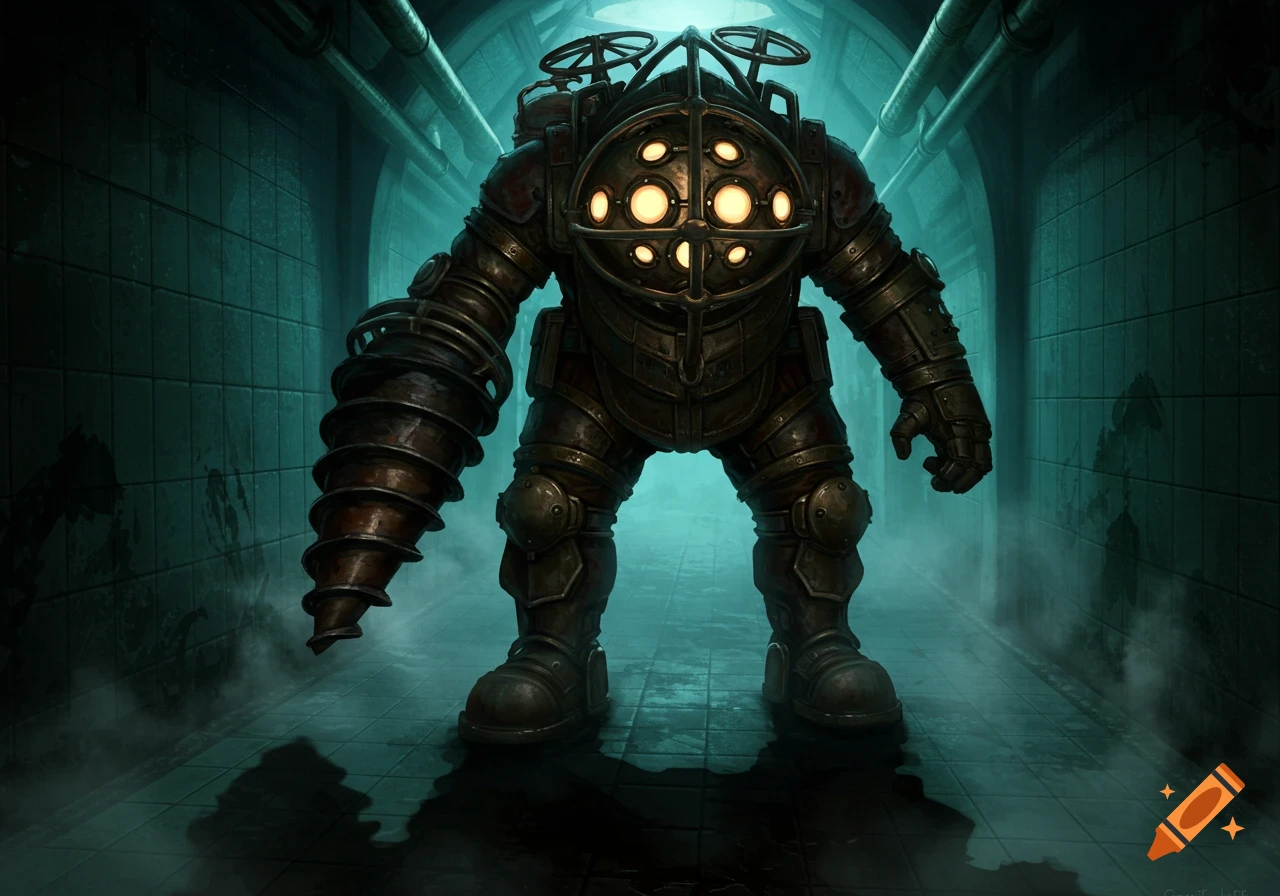 A large, armored BioShock Big Daddy Bouncer with a drill arm stands in a dark, tiled underwater corridor.