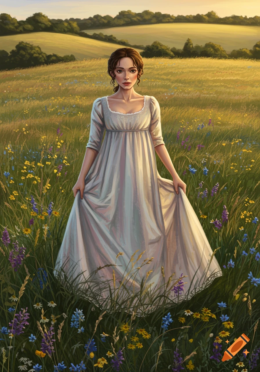 A woman in a Regency-era dress stands in a sunny field of wildflowers.