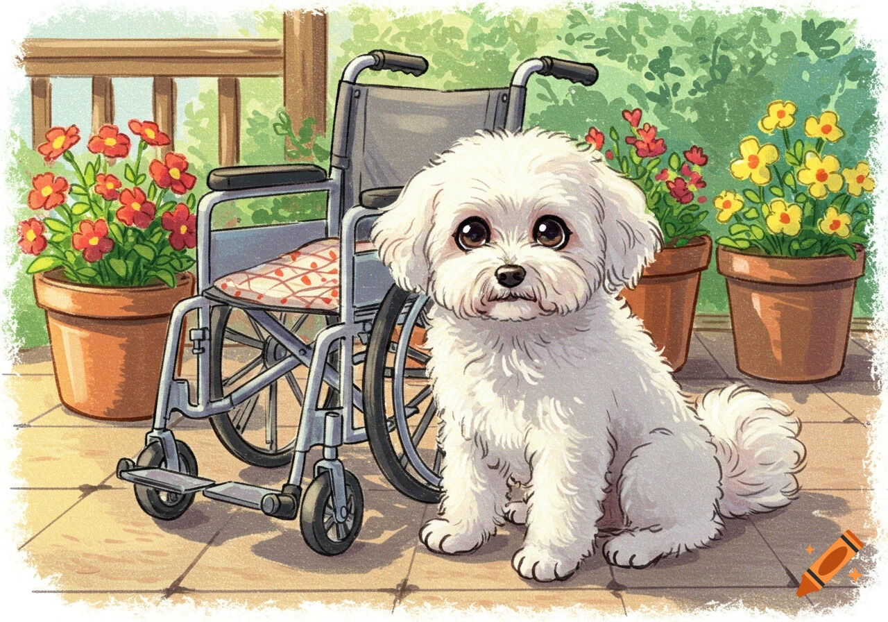 A fluffy white dog sits next to a wheelchair on a patio with potted flowers, drawn in a crayon illustration style.