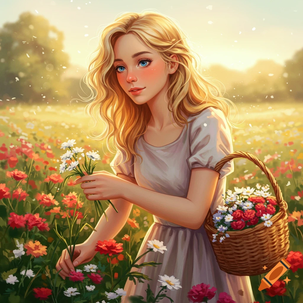 Illustrated young blonde woman with blue eyes picking flowers in a sunny field at dawn, holding a basket of flowers.