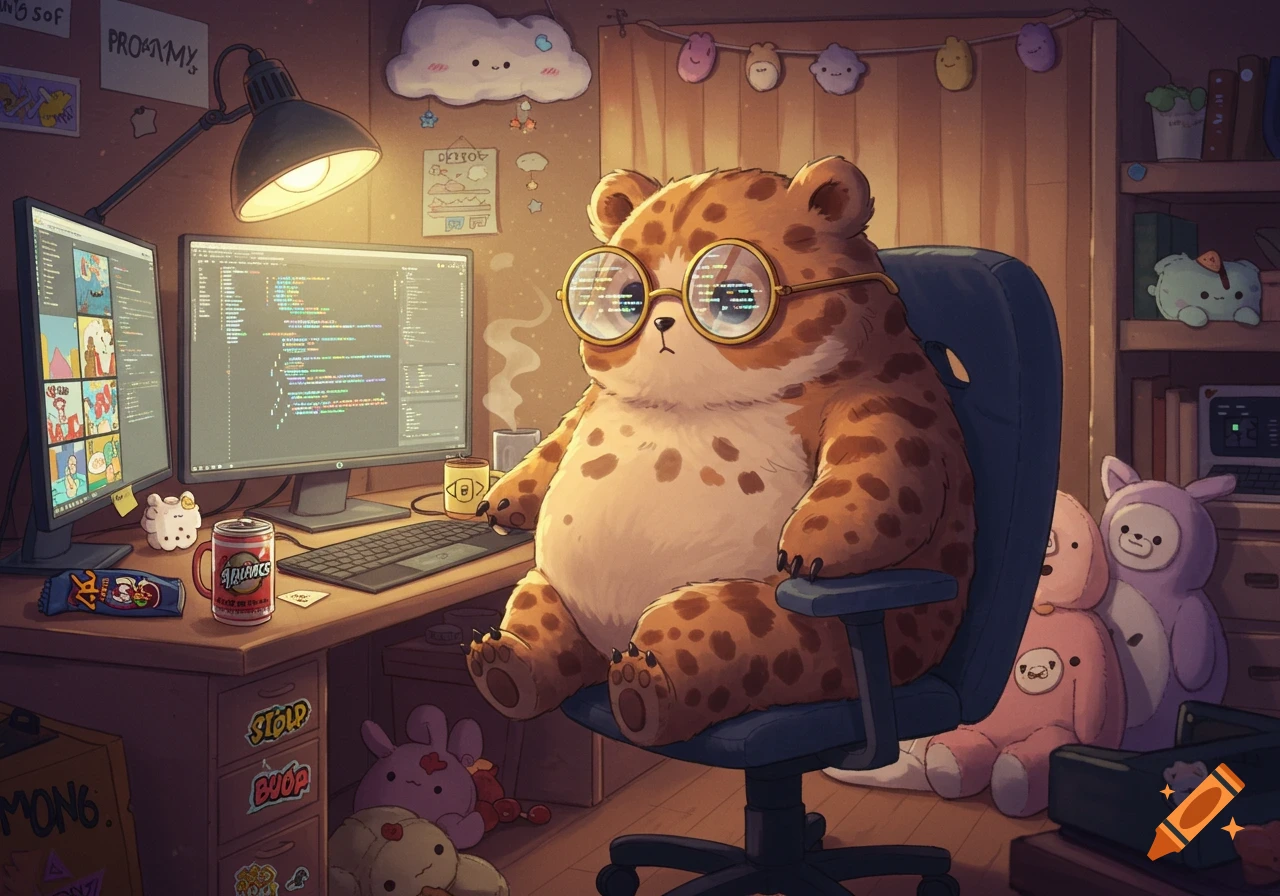 A chubby, brown-spotted, furry animal wearing round glasses sits in an office chair at a desk with two computer monitors displaying code, a lamp, and a soda can, in a cozy room filled with plush toys.