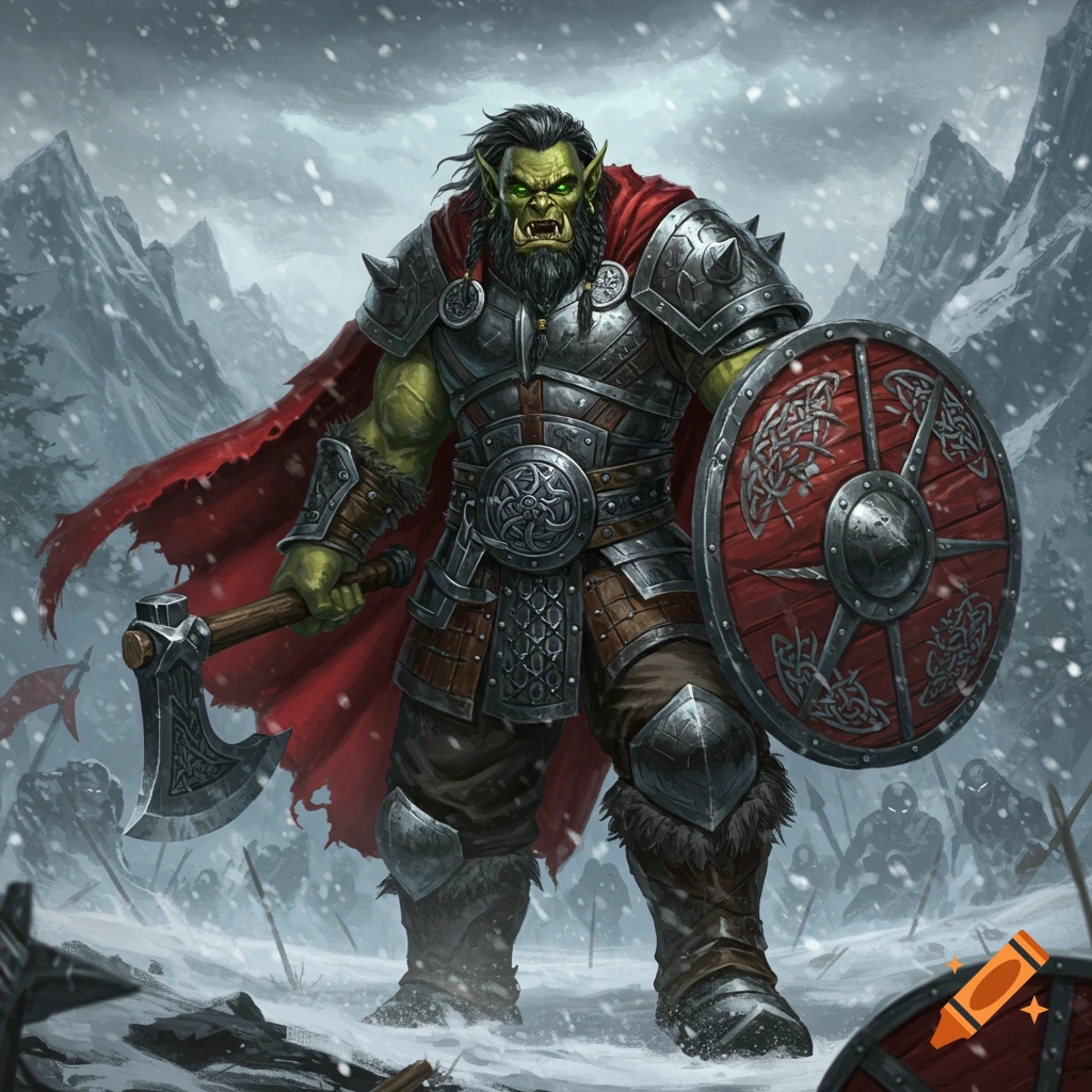 A muscular, green-skinned orc warrior in ornate armor and a red cape holds an axe and a round shield in a snowy mountainous landscape.