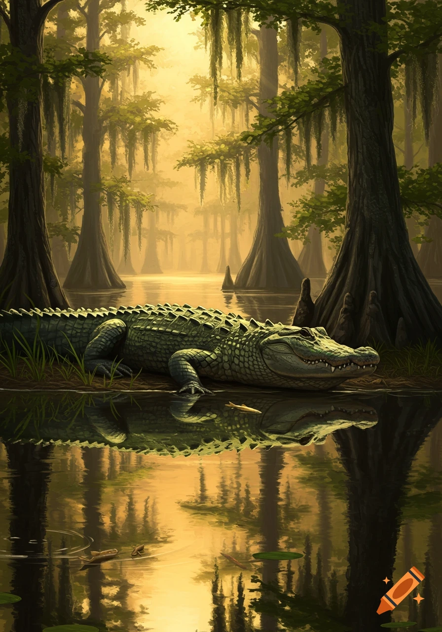 A large alligator rests on a grassy bank by still swamp water, cypress trees with Spanish moss in golden light.