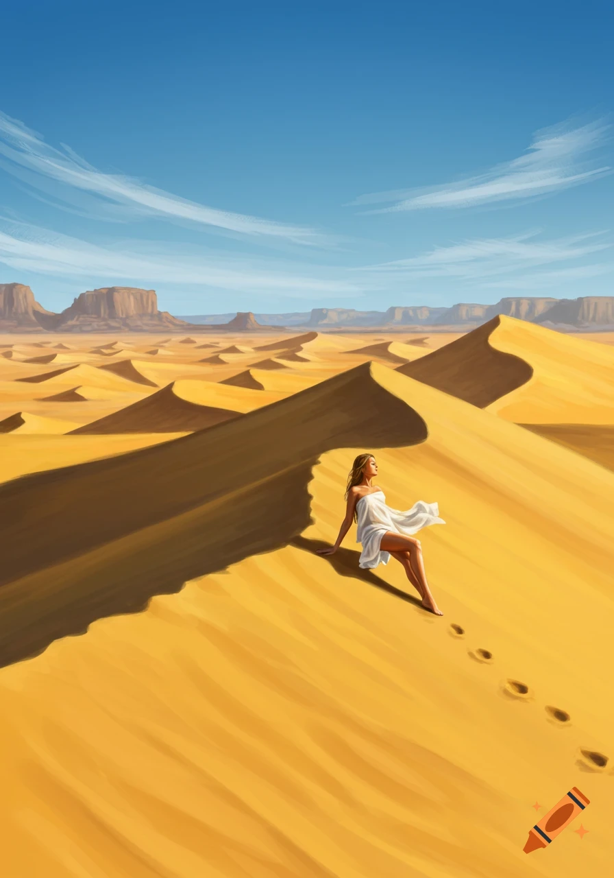 A woman sunbathing in a desert landscape with sand dunes and mesas under a clear blue sky, digital painting style.