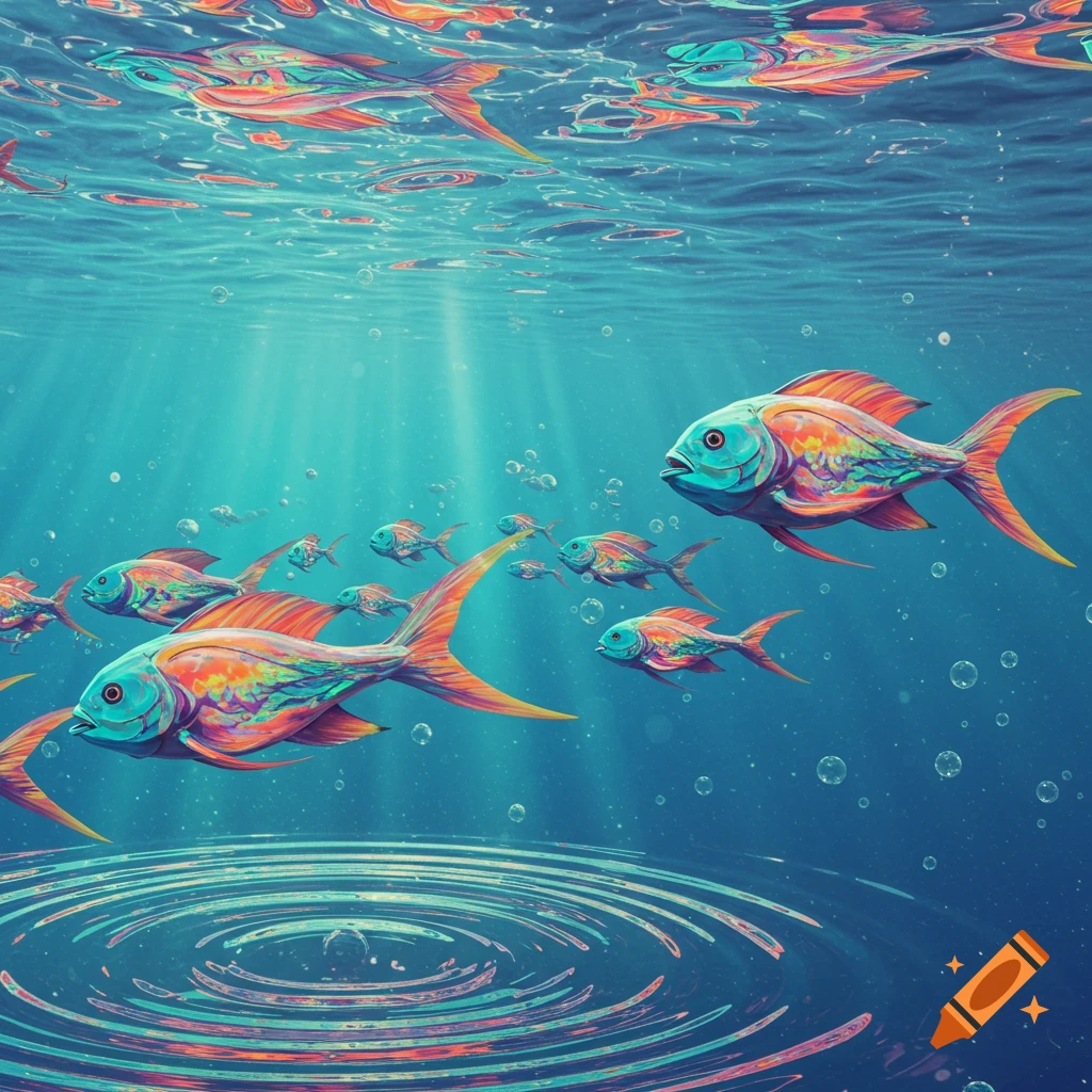 Colorful, abstract fish with vibrant patterns swim in bright blue water with light rays, bubbles, and ripples on the surface.