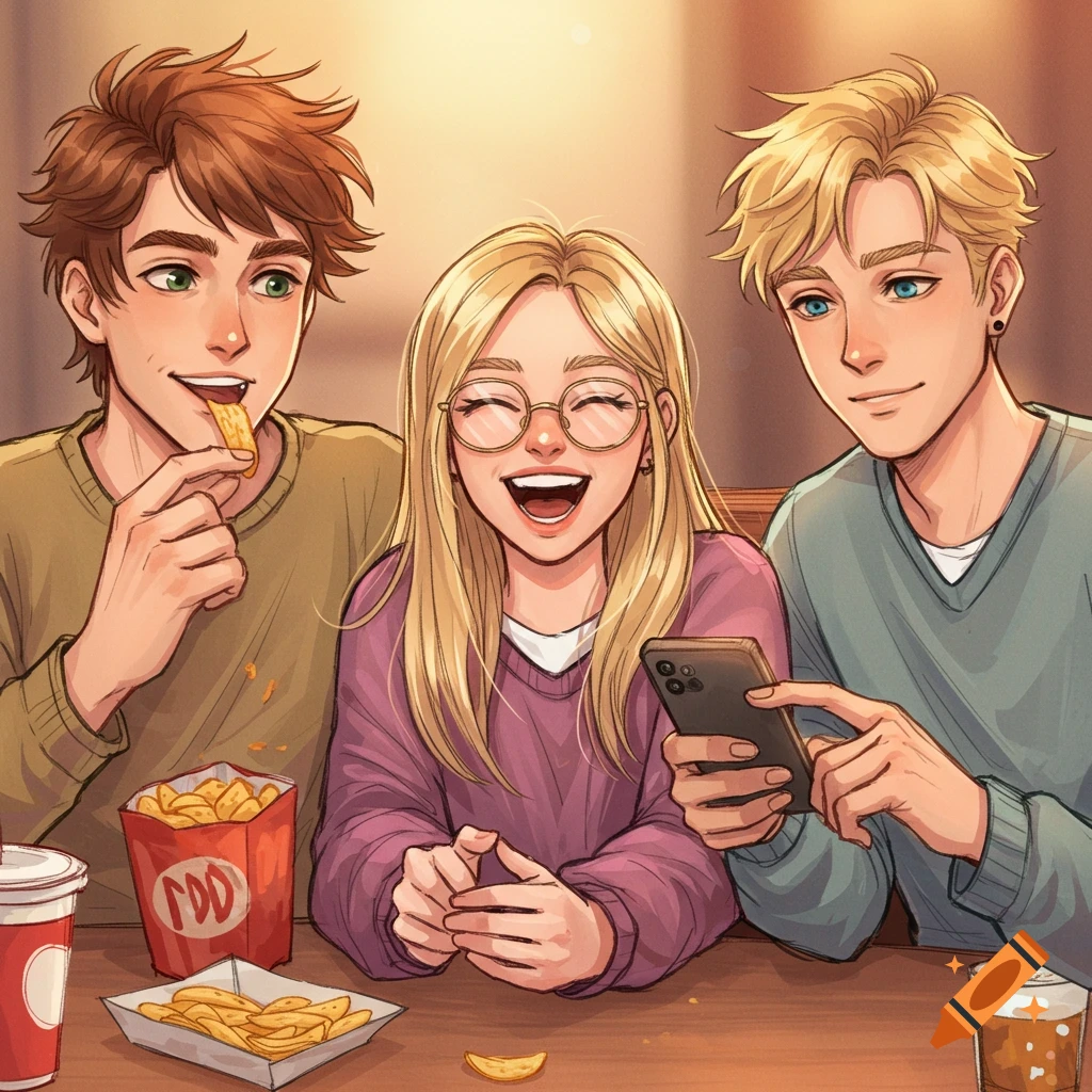 Anime-style illustration of three happy friends, two guys and a girl, eating chips and looking at a phone together.