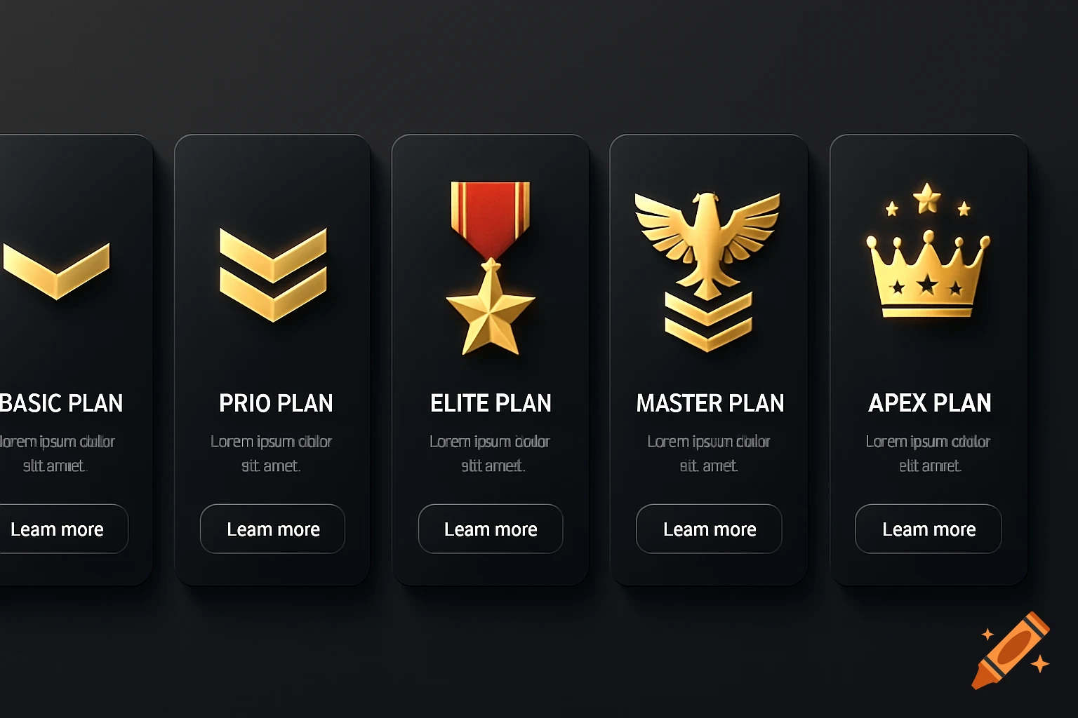 Five dark cards with golden rank insignias: a chevron, two chevrons, a star medal, an eagle over chevrons, and a crown with stars, each with a plan title, placeholder text, and a 'Learn more' button.
