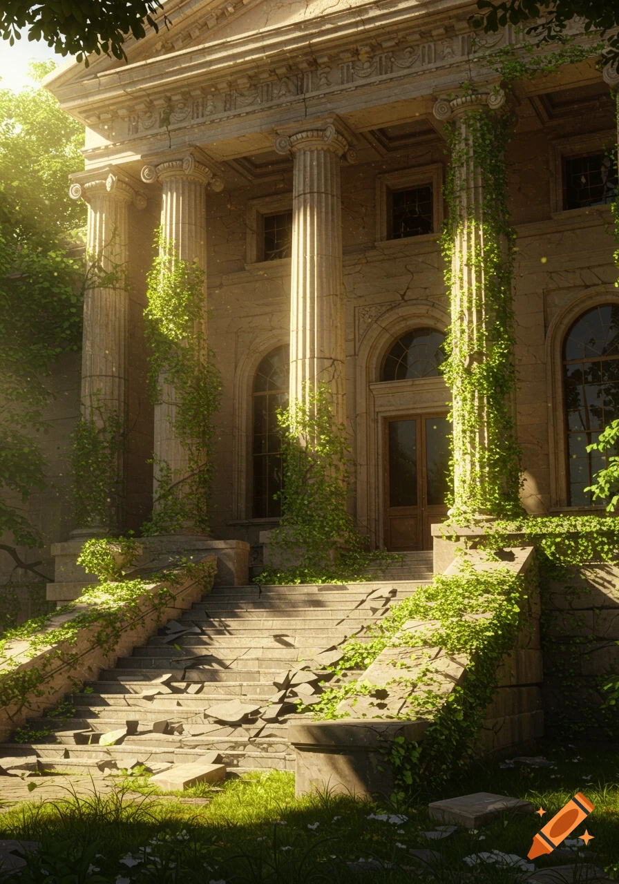 A sunlit, crumbling neo-classical building with large columns and a grand staircase, overgrown with green vines.