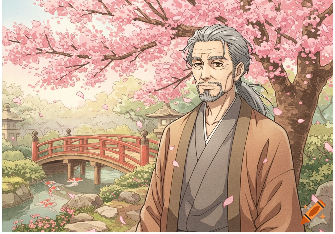 An illustrative anime style image of a mature man in a brown robe standing in a Japanese garden with a red bridge, koi fish, and pink cherry blossoms.
