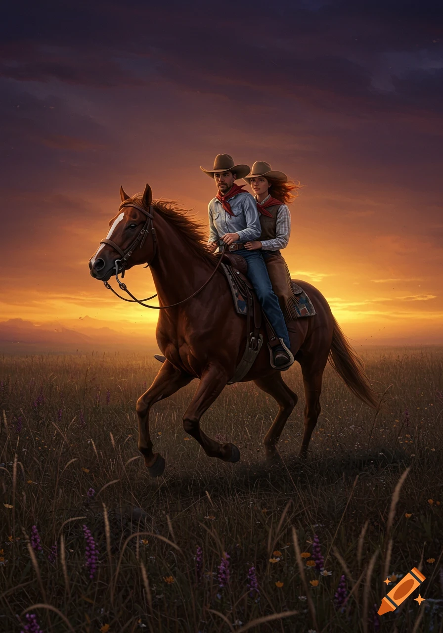 A cowboy and cowgirl ride a brown horse through a grassy field at sunset, with a vivid orange and purple sky.