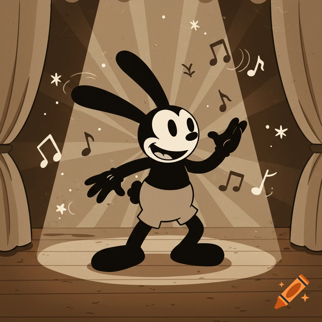 A black and white rubberhose cartoon rabbit, Oswald, smiles on a stage with spotlights and musical notes floating around.