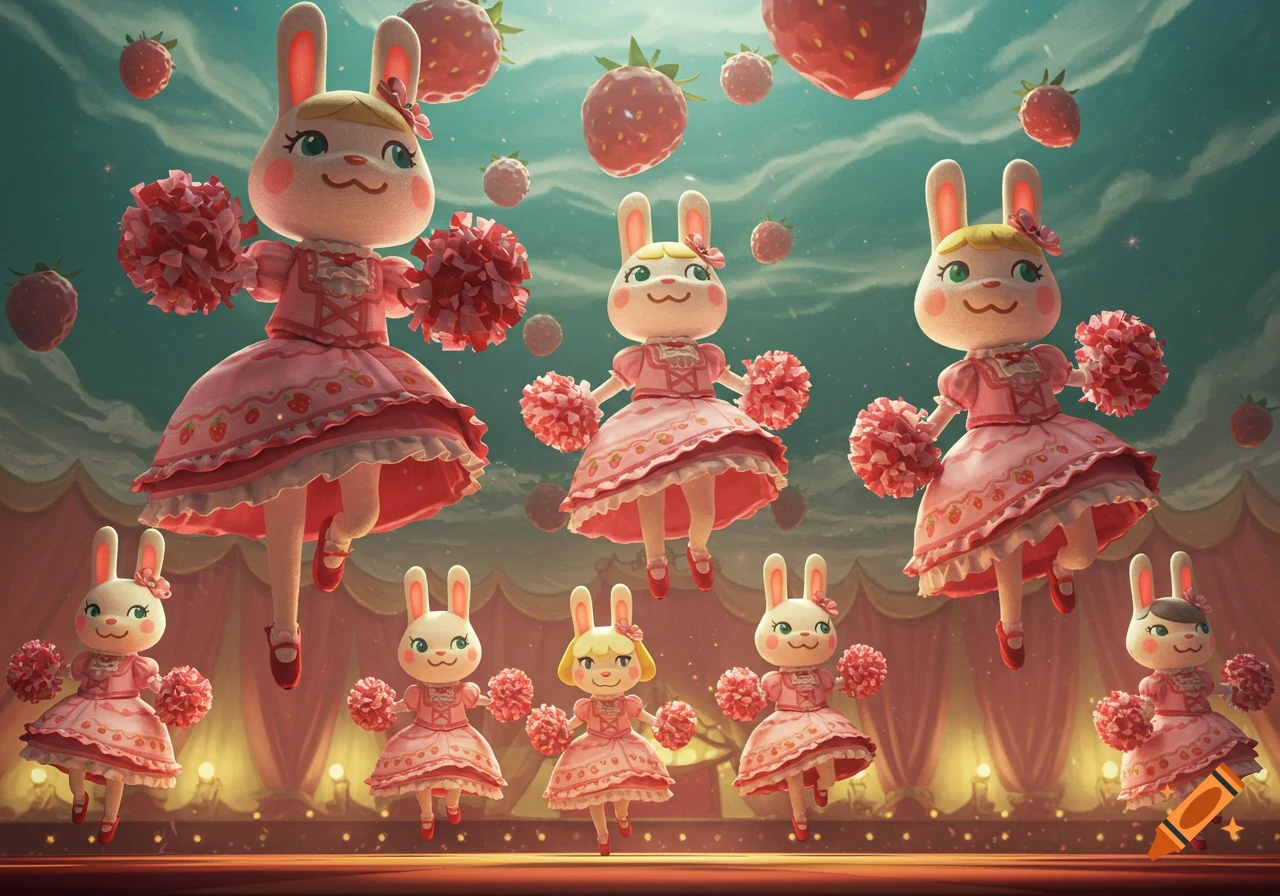 Multiple cute Animal Crossing style rabbit cheerleaders in pink strawberry dresses with pom-poms, floating in a dreamy sky with strawberries.