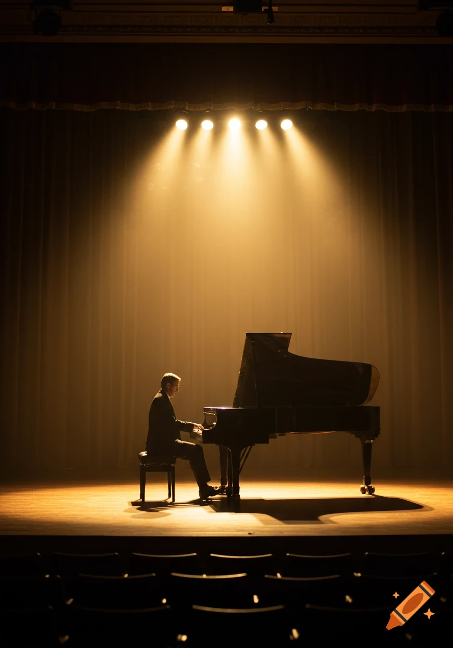 Photorealistic image of a solo pianist playing a grand piano on a spotlighted stage, viewed from the front.