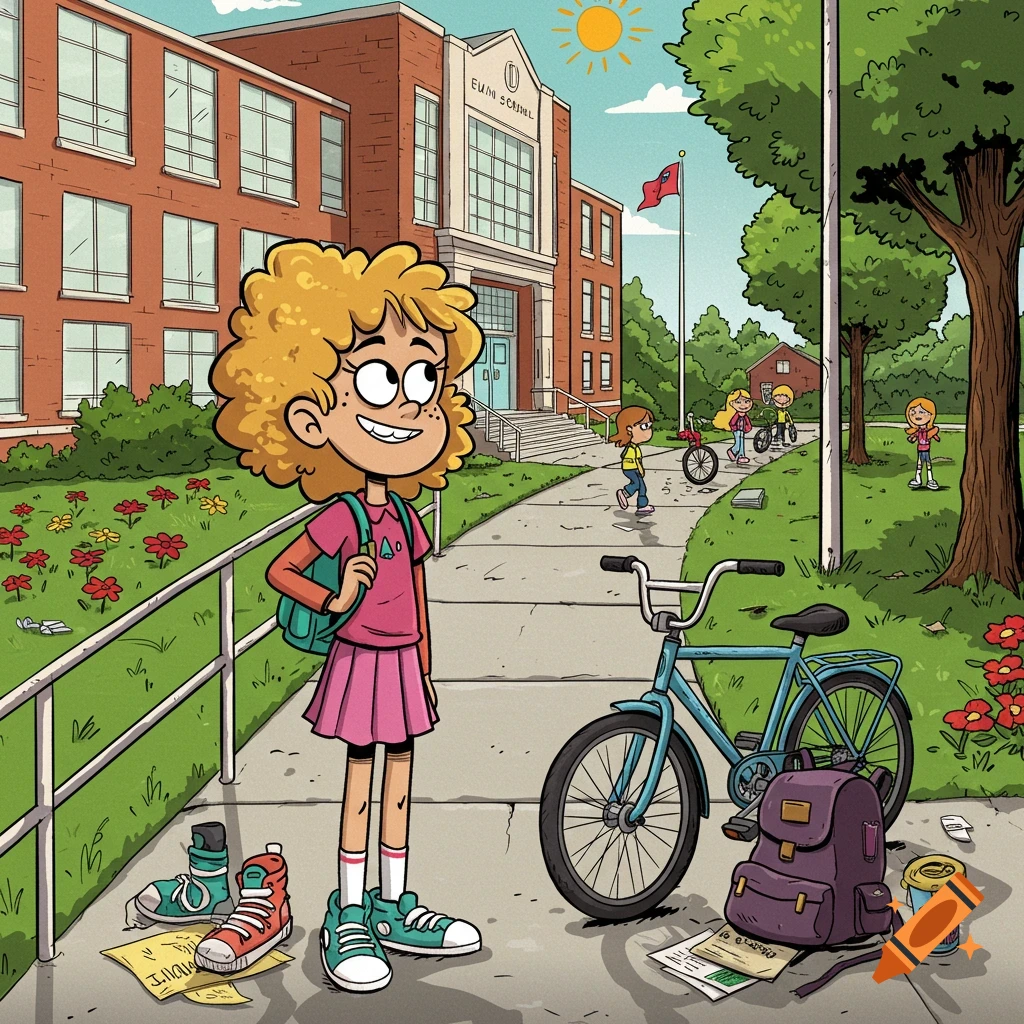 A cartoon illustration in the style of a comic strip showing a young girl with curly hair and a backpack standing outside a school on a sunny day.