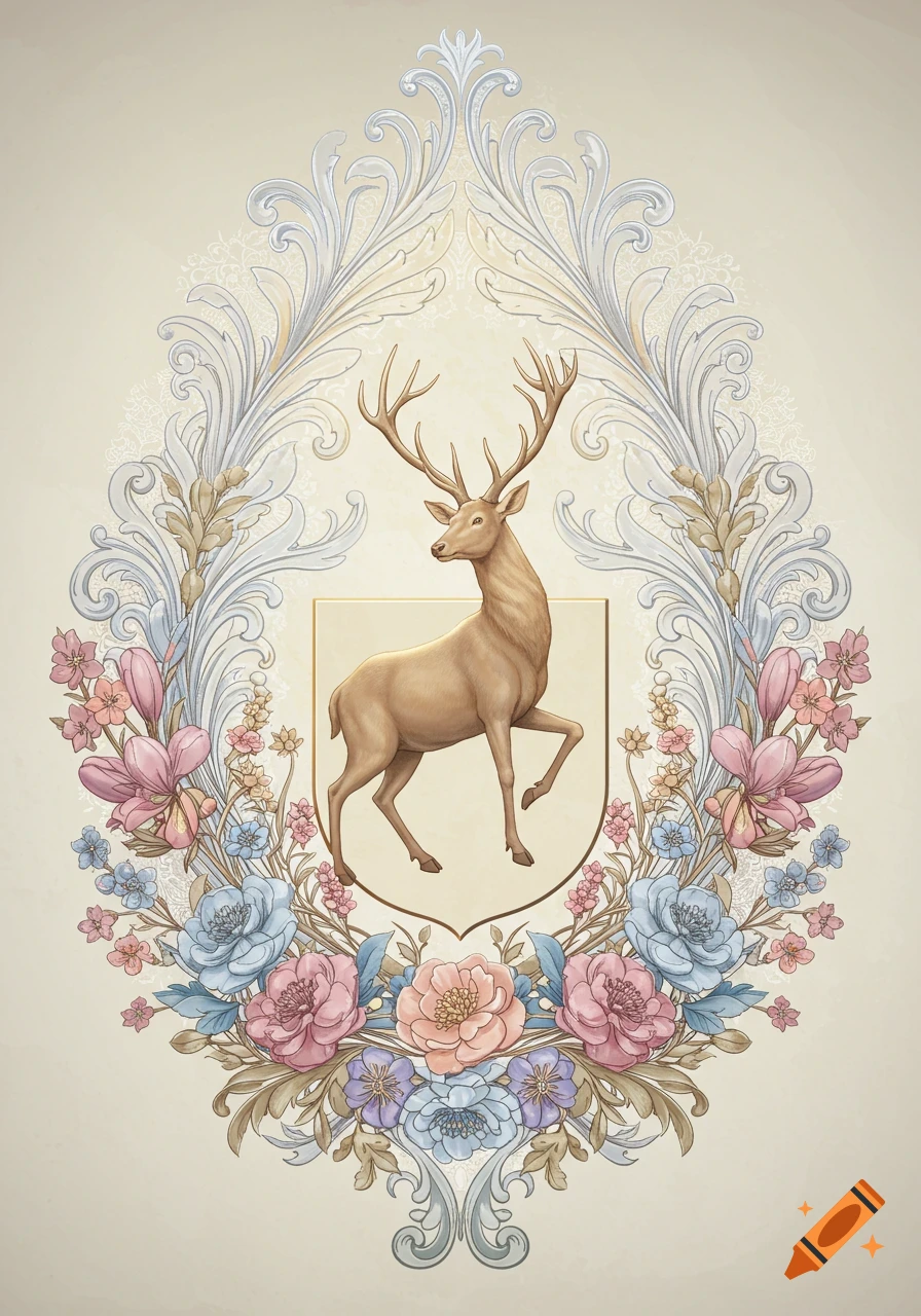 A light brown deer within a shield on a coat of arms, surrounded by ornate silver and gold filigree, and colorful flowers in pink and blue.