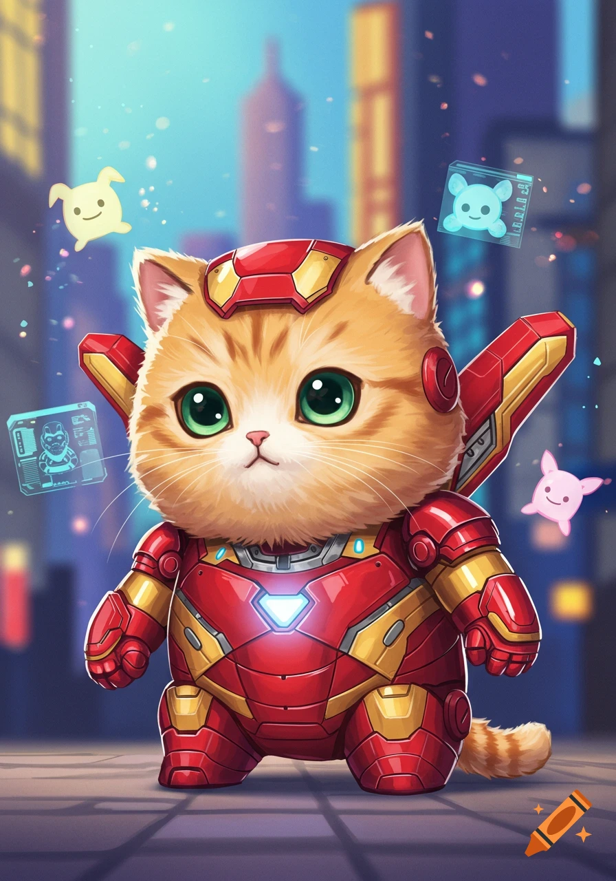 A cute fluffy ginger cat wearing a detailed red and gold Iron Man armor, with large green eyes, standing in a city, cartoon style.