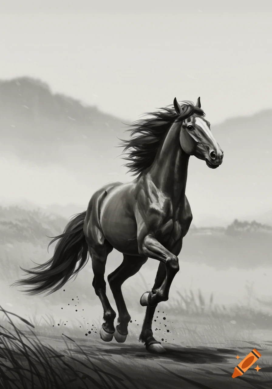 Realistic Black and White Drawing of a Galloping Horse created on Craiyon, image size:896x1280