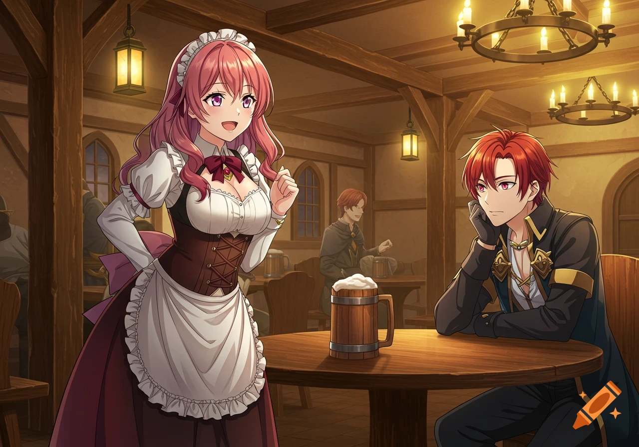 An anime female waitress with pink hair stands smiling in a medieval tavern while a red-haired nobleman sits looking at her contemplatively.