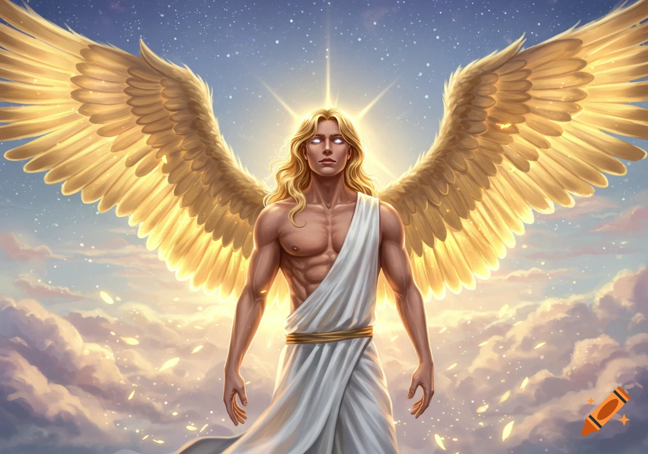 A muscular male angel with long blonde hair, white eyes, and large golden wings stands in the clouds with a radiant light behind him.