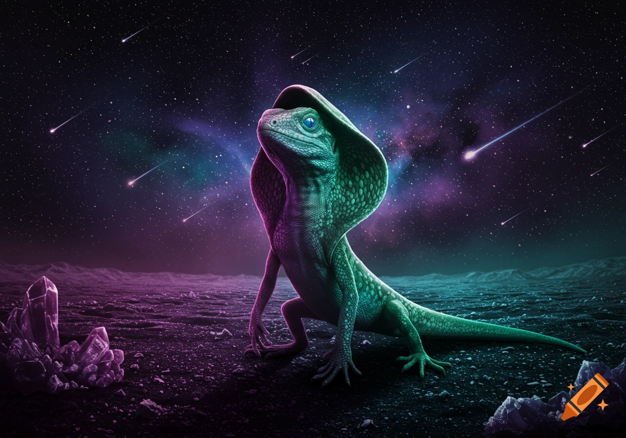 A green lizard with a cobra-like hood stands on a purple alien landscape under a starry night sky with shooting stars.