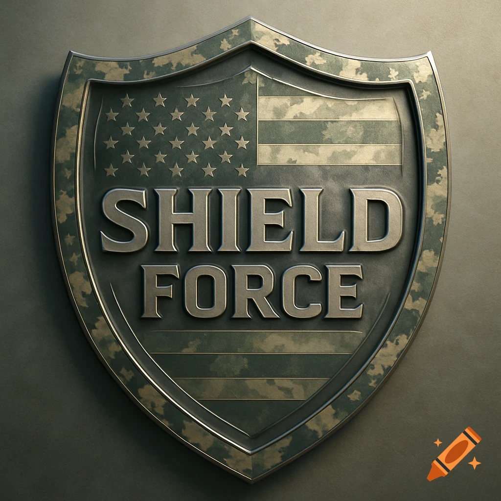 A metallic shield with 'SHIELD FORCE' embossed on it, featuring a camouflage US flag pattern and a camo border.
